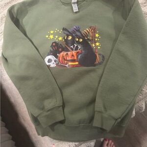 Girl’s Green Halloween Cat Crewneck Sweater